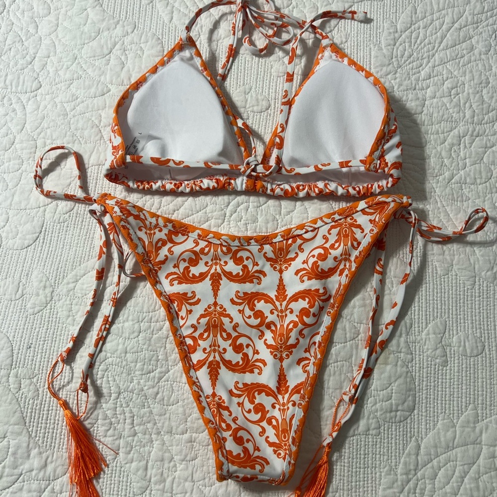 Orange And White Patterned Bikini - image 6